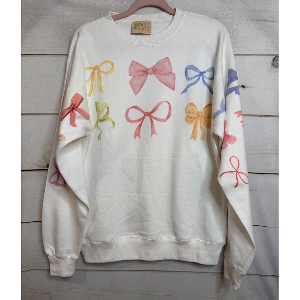 Judith March Womens White Bow Print Sweatshirt‎ Crewneck Medium Made in USA